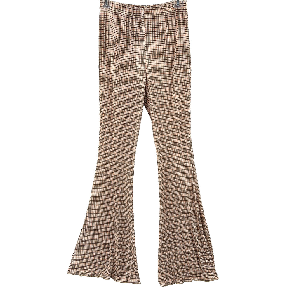 NWT Topshop Pants Womens‎ Sz 6 Brown Tan Plaid Slinky Flare Elastic Waist